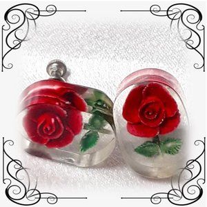 Vintage Clear Lucite Carved Intaglio Rose Earrings